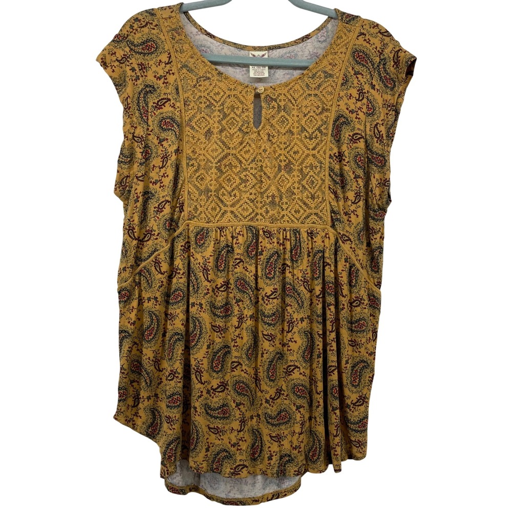 Faded‎ Glory Size XL Paisley Lace Inset Top Mustard Yellow Boho Babydoll Blouse